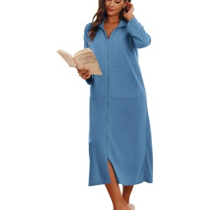 Ekouaer Women Zipper Robe Long Sleeves House Coat Soft Bathrobe Sleepwear with Pockets Housecoat Loungewear(Grey Blue)