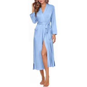 Ekouaer Womens Robe Long Knit Kimono Bathrobe Lightweight Sleepwear Soft Ladies Loungewear with Pockets, S-XXL(Blue)