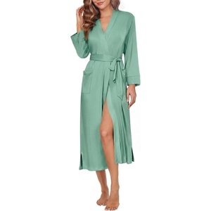 Ekouaer Womens Robe Long Knit Kimono Bathrobe Lightweight Sleepwear Soft Ladies Loungewear with Pockets, S-XXL(Celadon Green)