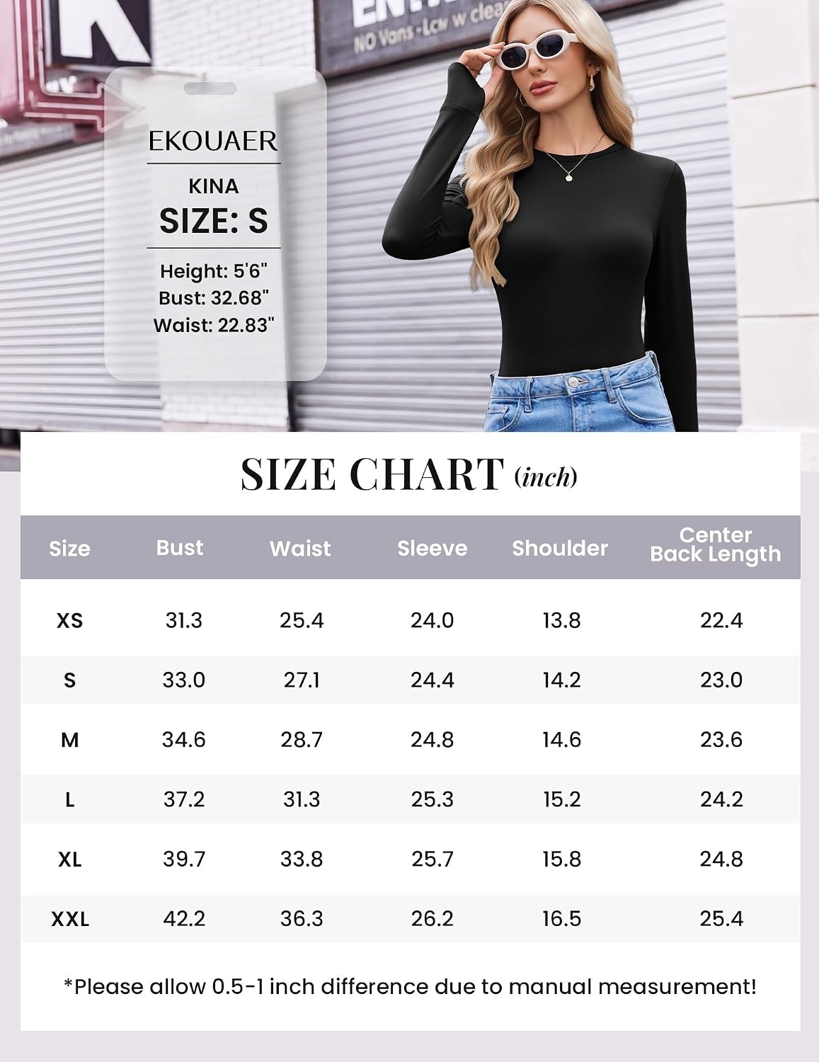image:imageEkouaer Long Sleeve Shirts for Women Crew Neck Undershirt with Thumb HolesWhite Black Stripe