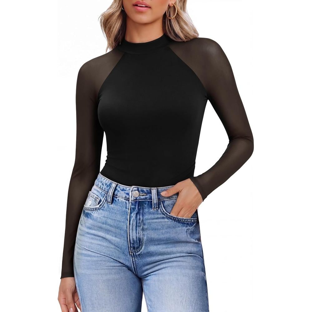 image:imageEkouaer Lace Long Sleeve Tops for Women Mock Turtleneck Mesh Shirts Sexy See Through Mesh Undershirts Fashion Going Out TeesBlack