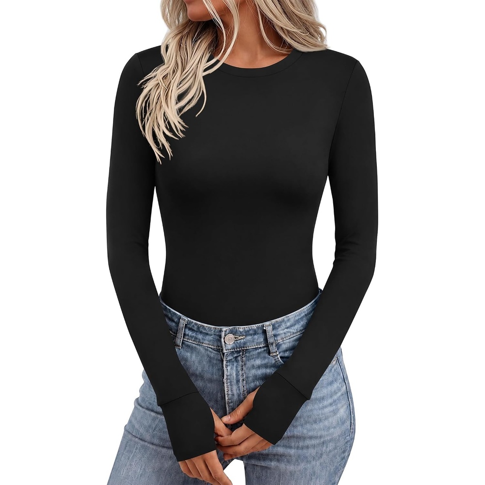 image:imageEkouaer Long Sleeve Shirts for Women Crew Neck Undershirt with Thumb HolesBlack