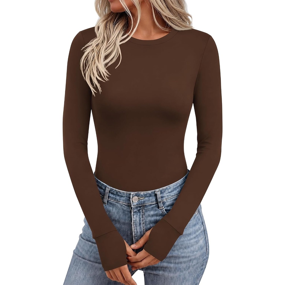 image:imageEkouaer Long Sleeve Shirts for Women Crew Neck Undershirt with Thumb HolesBrown