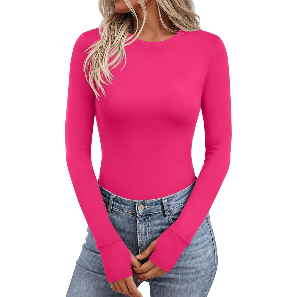 image:imageEkouaer Long Sleeve Shirts for Women Crew Neck Undershirt with Thumb HolesHot Pink
