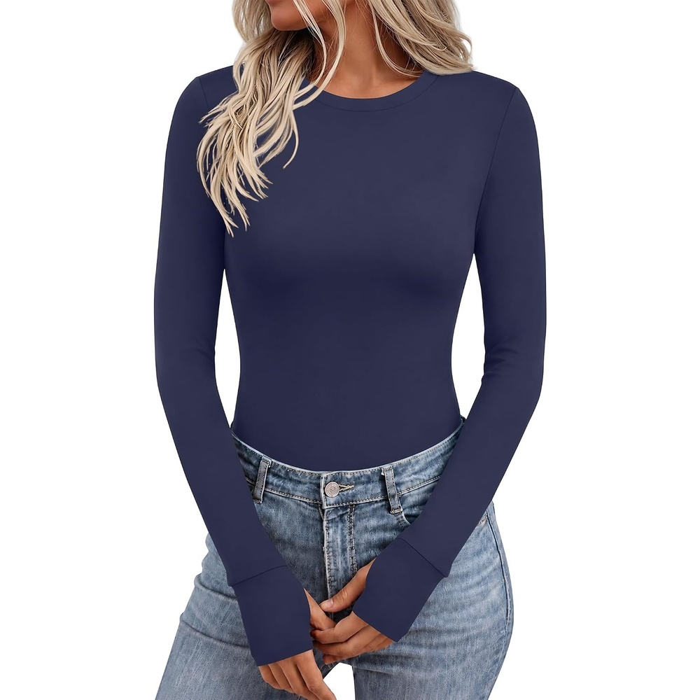 image:imageEkouaer Long Sleeve Shirts for Women Crew Neck Undershirt with Thumb HolesNavy Blue