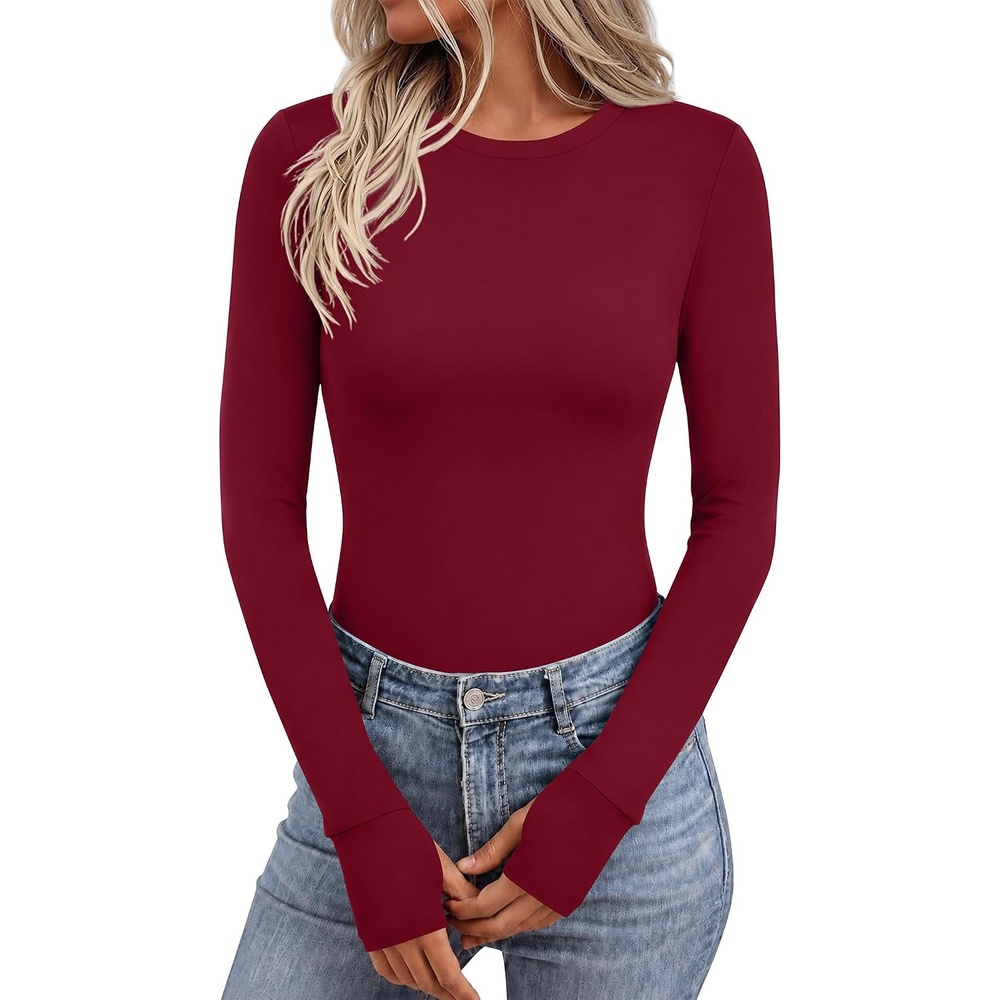 image:imageEkouaer Long Sleeve Shirts for Women Crew Neck Undershirt with Thumb HolesRed