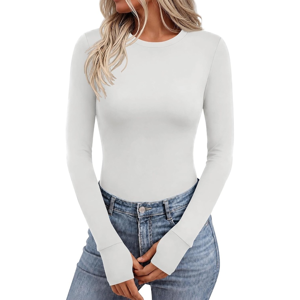 image:imageEkouaer Long Sleeve Shirts for Women Crew Neck Undershirt with Thumb HolesWhite