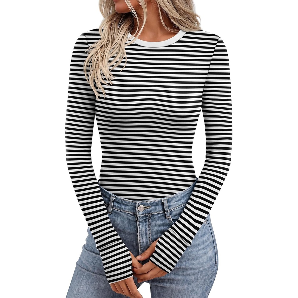image:imageEkouaer Long Sleeve Shirts for Women Crew Neck Undershirt with Thumb HolesWhite Black Stripe