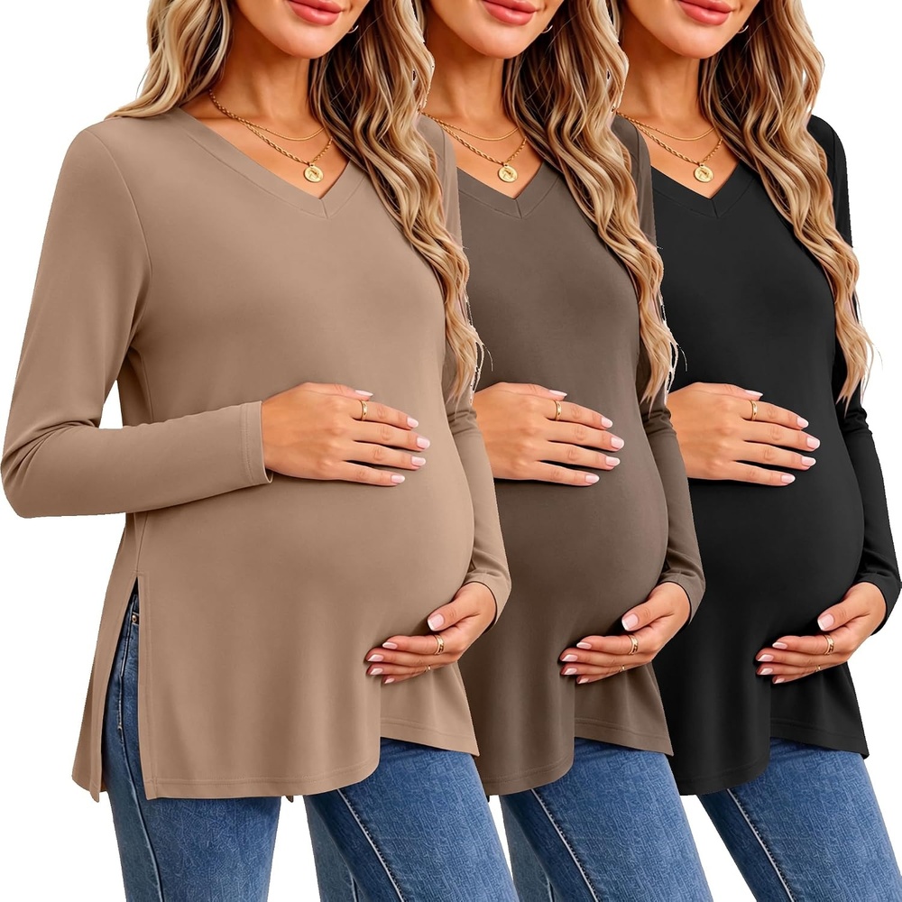 image:imageEkouaer Womens 3 Pack Maternity Shirts Long Sleeve V Neck with Split Side Pregnancy Tops Casual Basic Clothes S2XLBlackBrownKhaki