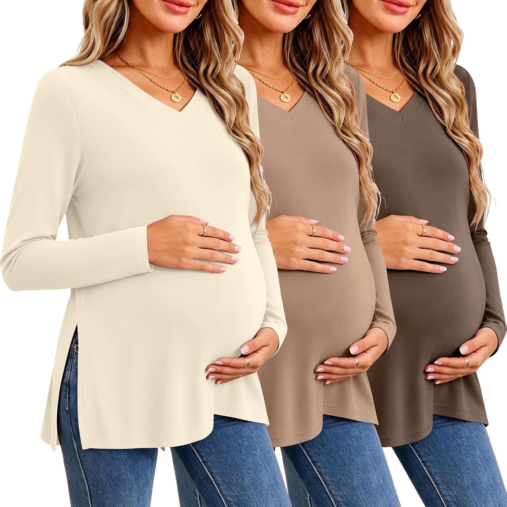 image:imageEkouaer Womens 3 Pack Maternity Shirts Long Sleeve V Neck with Split Side Pregnancy Tops Casual Basic Clothes S2XLBlackKhakiBeige