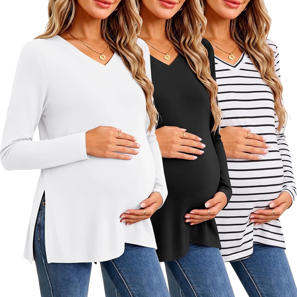 image:imageEkouaer Womens 3 Pack Maternity Shirts Long Sleeve V Neck with Split Side Pregnancy Tops Casual Basic Clothes S2XLBlackStripeWhite