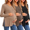 Ekouaer Womens 3 Pack Maternity Shirts Long Sleeve V Neck with Split Side Pregnancy Tops Casual Basic Clothes S-2XL(Black/Brown/Khaki)