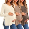 Ekouaer Womens 3 Pack Maternity Shirts Long Sleeve V Neck with Split Side Pregnancy Tops Casual Basic Clothes S-2XL(Black/Khaki/Beige)