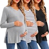 Ekouaer Womens 3 Pack Maternity Shirts Long Sleeve V Neck with Split Side Pregnancy Tops Casual Basic Clothes S-2XL(Black/Stripe/Light Grey)