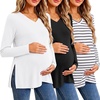 Ekouaer Womens 3 Pack Maternity Shirts Long Sleeve V Neck with Split Side Pregnancy Tops Casual Basic Clothes S-2XL(Black/Stripe/White)
