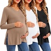 Ekouaer Womens 3 Pack Maternity Shirts Long Sleeve V Neck with Split Side Pregnancy Tops Casual Basic Clothes S-2XL(Black/White/Khaki)