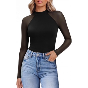 Ekouaer Lace Long Sleeve Tops for Women Mock Turtleneck Mesh Shirts Sexy See Through Mesh Undershirts Fashion Going Out Tees(Black)