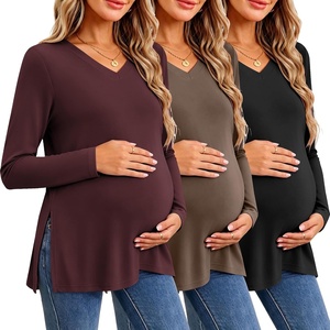 Ekouaer Womens 3 Pack Maternity Shirts Long Sleeve V Neck with Split Side Pregnancy Tops Casual Basic Clothes S-2XL(Black/Dark Red/Khaki)