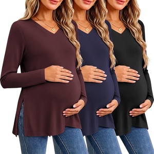 Ekouaer Womens 3 Pack Maternity Shirts Long Sleeve V Neck with Split Side Pregnancy Tops Casual Basic Clothes S-2XL(Black/Dark Red/Navy Blue)