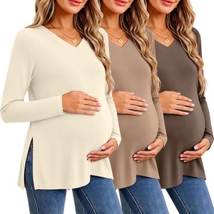 Ekouaer Womens 3 Pack Maternity Shirts Long Sleeve V Neck with Split Side Pregnancy Tops Casual Basic Clothes S-2XL(Black/Khaki/Beige)