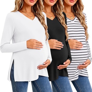 Ekouaer Womens 3 Pack Maternity Shirts Long Sleeve V Neck with Split Side Pregnancy Tops Casual Basic Clothes S-2XL(Black/Stripe/White)