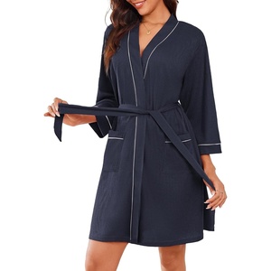 Ekouaer Robes for Women Waffle Knee Length Bathrobe Lightweight Soft Sleepwear V neck 3/4 Casual Ladies Loungewear S-XXL(Navy Blue)
