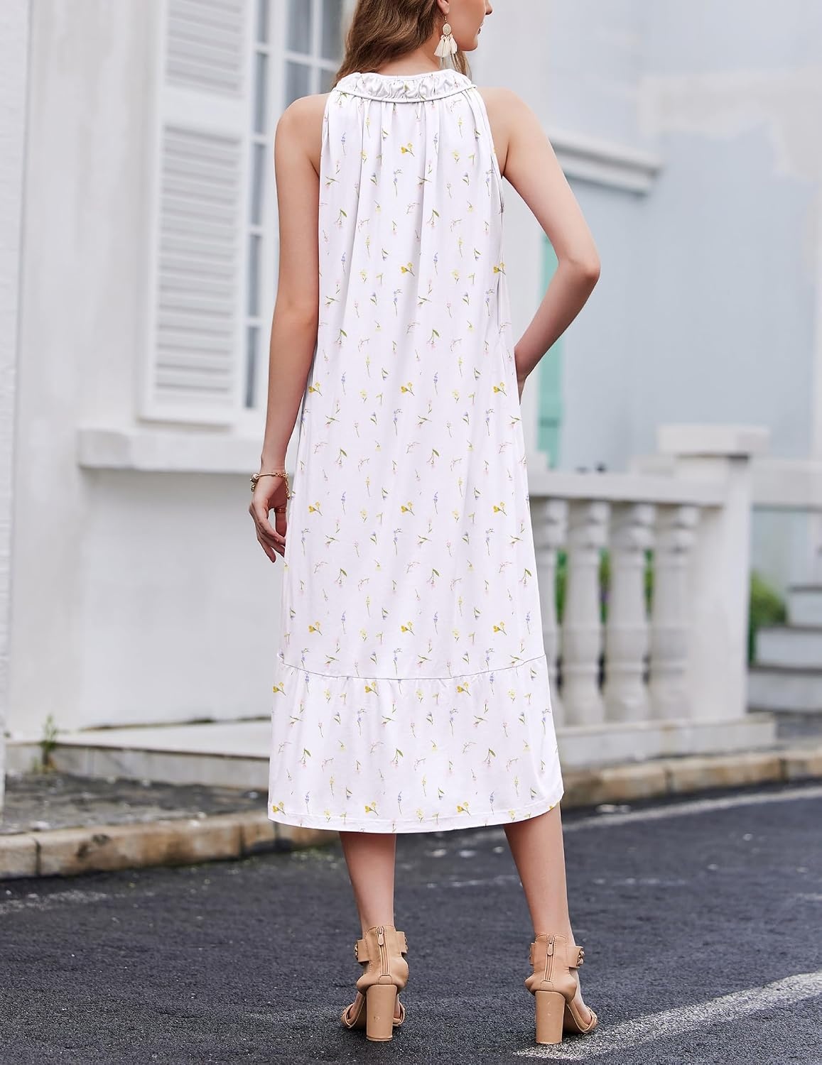 image:imageEkouaer 2 Pack Nightgowns for Women Sleeveless Long Night Gowns Victorian Nightdress with Pockets Soft Ladies GownFloral PurpleFloral White