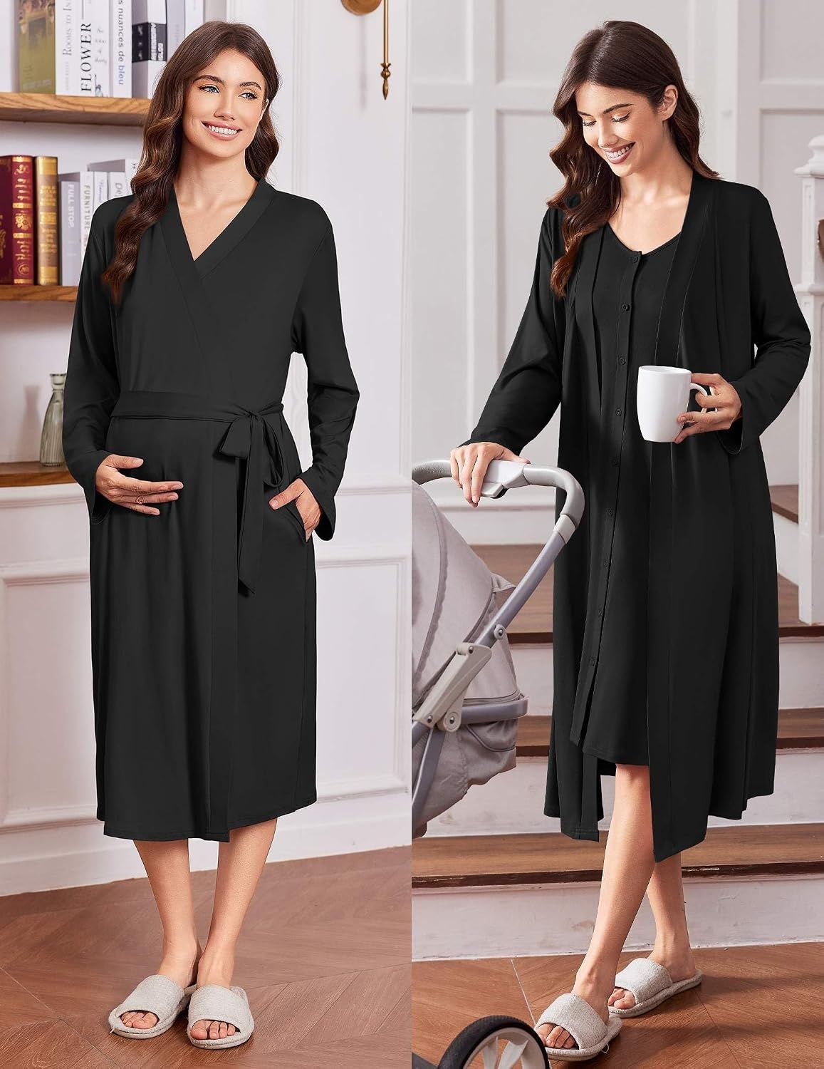 image:imageEkouaer Labor and Delivery Gown and Robe Set for Hospital Nursing Nightgown Open Back Maternity Nursing Dress Breastfeeding Postpartum ClothesBlack
