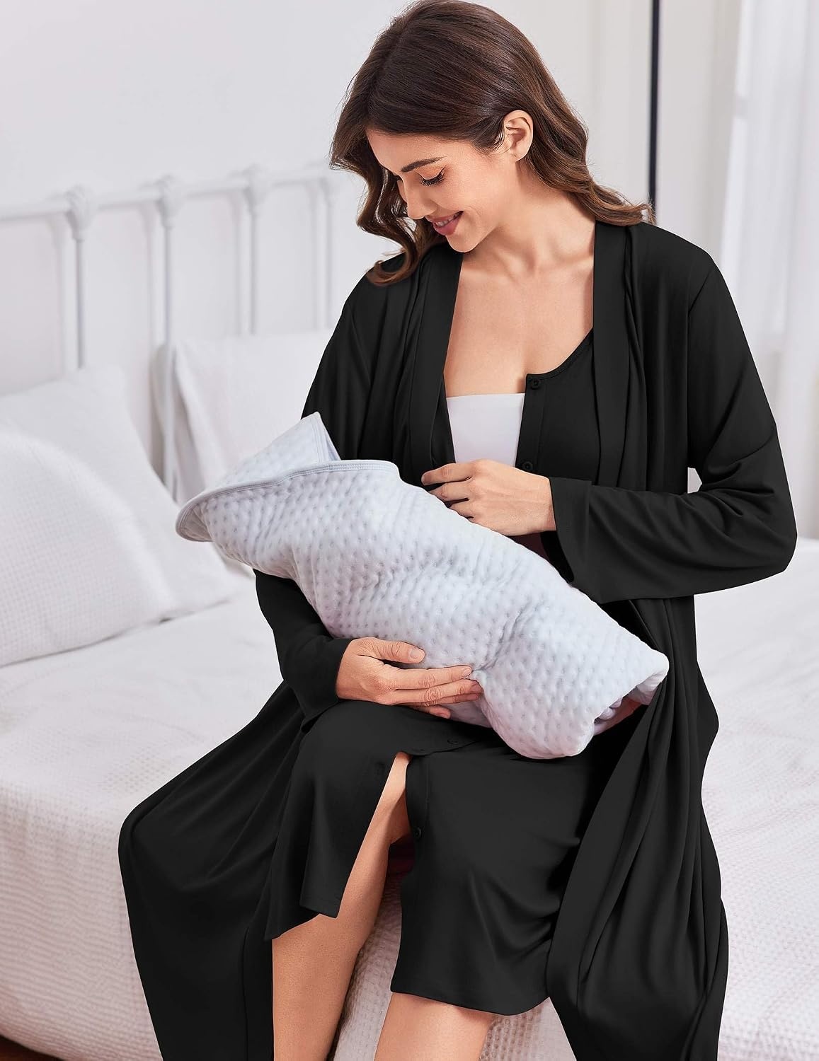image:imageEkouaer Labor and Delivery Gown and Robe Set for Hospital Nursing Nightgown Open Back Maternity Nursing Dress Breastfeeding Postpartum ClothesBlack