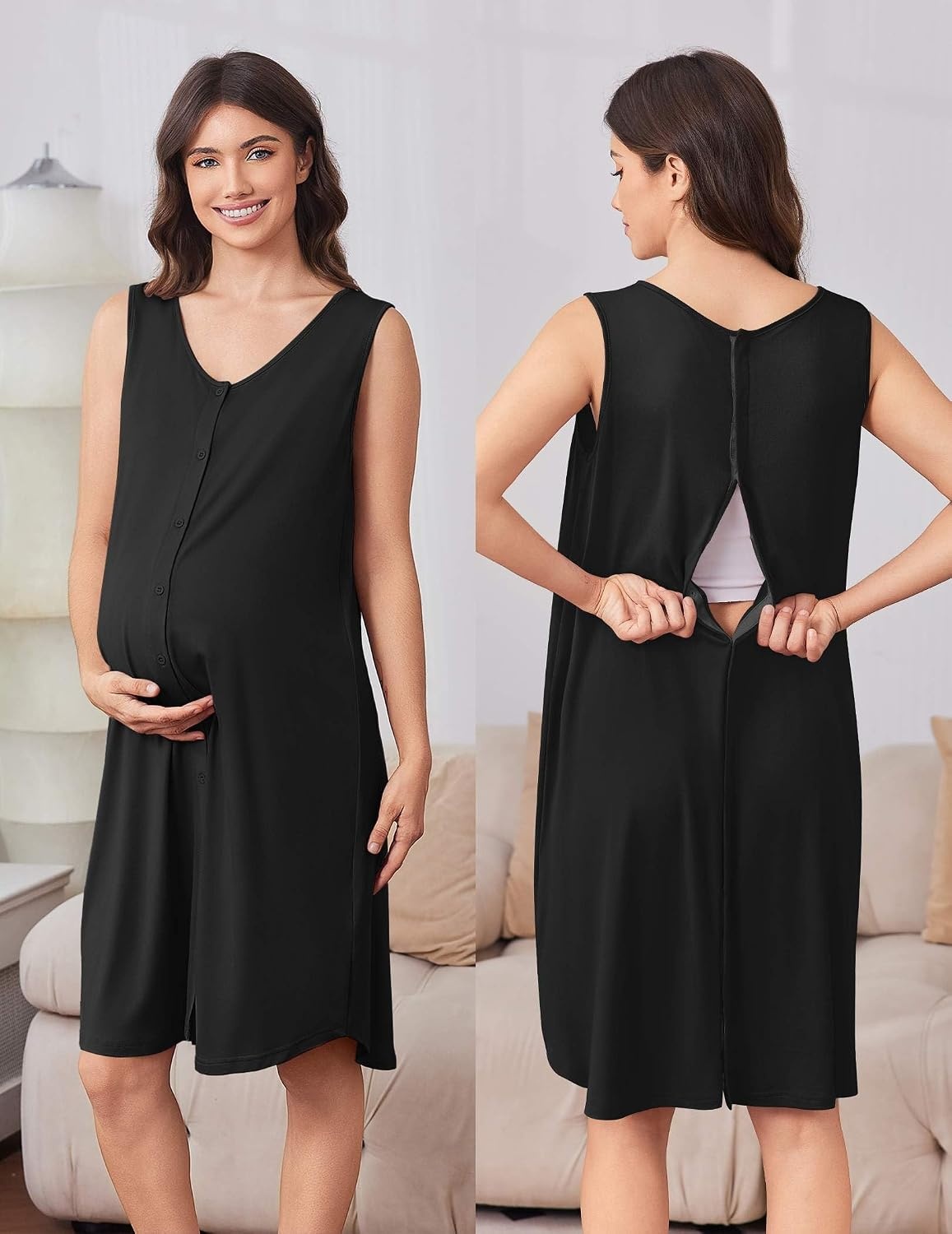 image:imageEkouaer Labor and Delivery Gown and Robe Set for Hospital Nursing Nightgown Open Back Maternity Nursing Dress Breastfeeding Postpartum ClothesBlack