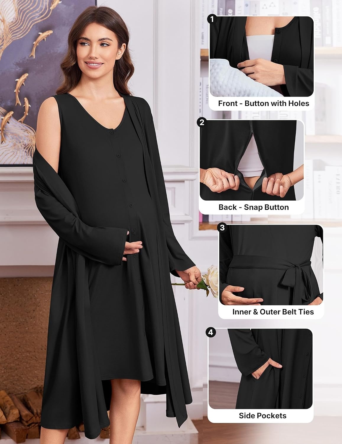 image:imageEkouaer Labor and Delivery Gown and Robe Set for Hospital Nursing Nightgown Open Back Maternity Nursing Dress Breastfeeding Postpartum ClothesBlack