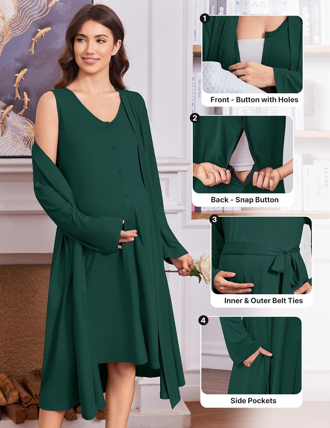 image:imageEkouaer Labor and Delivery Gown and Robe Set for Hospital Nursing Nightgown Open Back Maternity Nursing Dress Breastfeeding Postpartum ClothesGreen