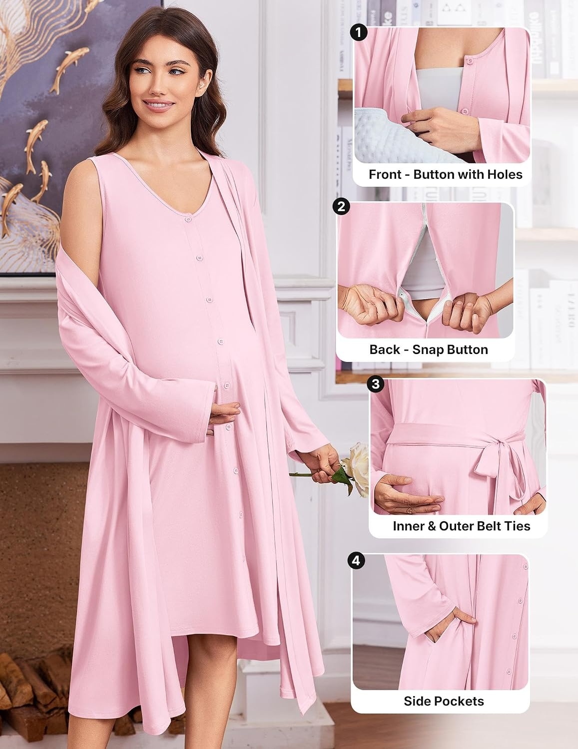 image:imageEkouaer Labor and Delivery Gown and Robe Set for Hospital Nursing Nightgown Open Back Maternity Nursing Dress Breastfeeding Postpartum ClothesPink