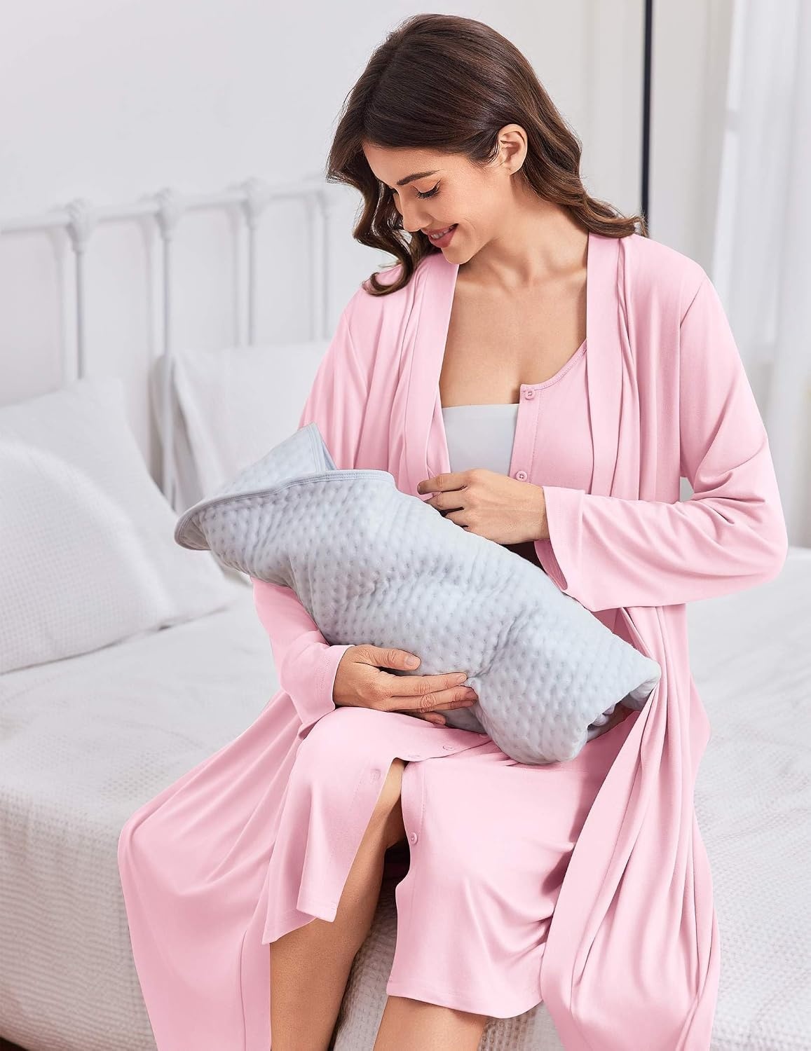 image:imageEkouaer Labor and Delivery Gown and Robe Set for Hospital Nursing Nightgown Open Back Maternity Nursing Dress Breastfeeding Postpartum ClothesPink