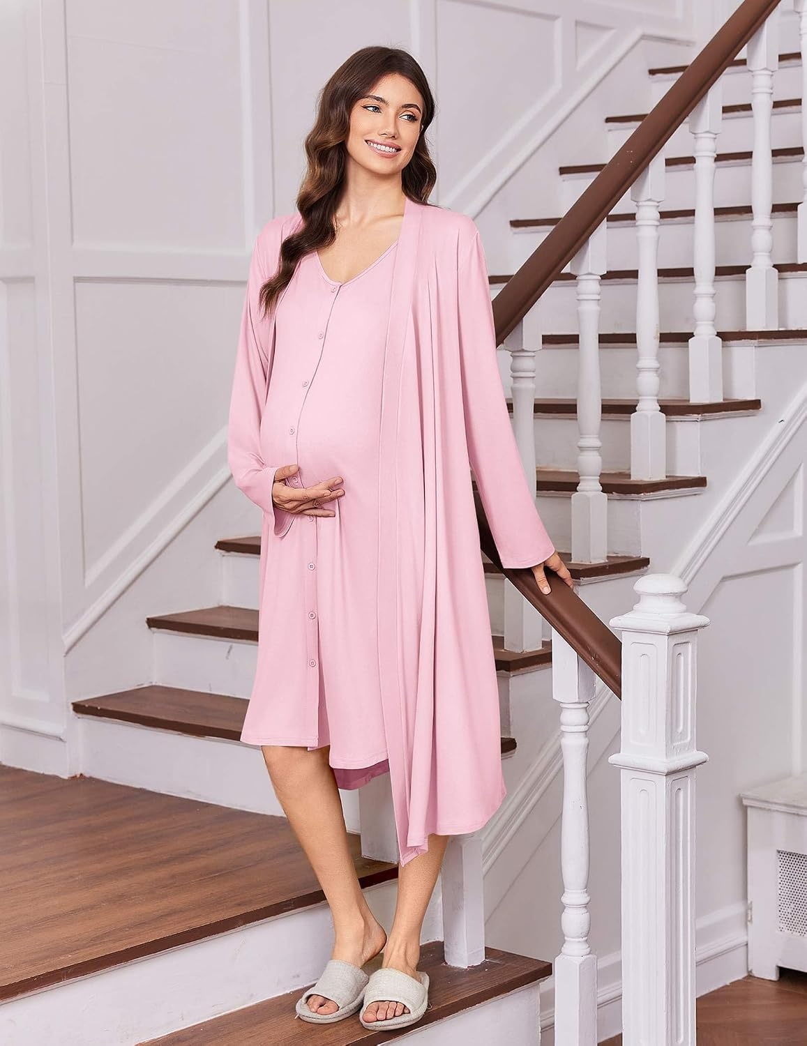 image:imageEkouaer Labor and Delivery Gown and Robe Set for Hospital Nursing Nightgown Open Back Maternity Nursing Dress Breastfeeding Postpartum ClothesPink