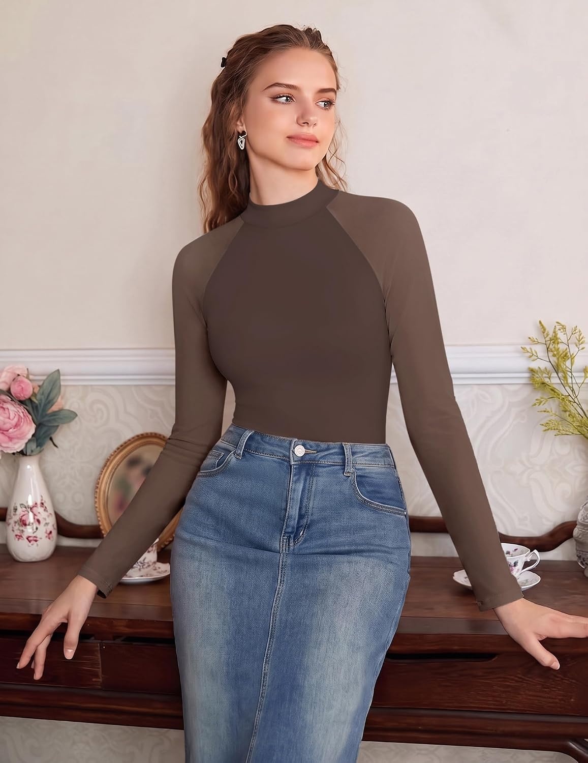 image:imageEkouaer Lace Long Sleeve Tops for Women Mock Turtleneck Mesh Shirts Sexy See Through Mesh Undershirts Fashion Going Out TeesBrown