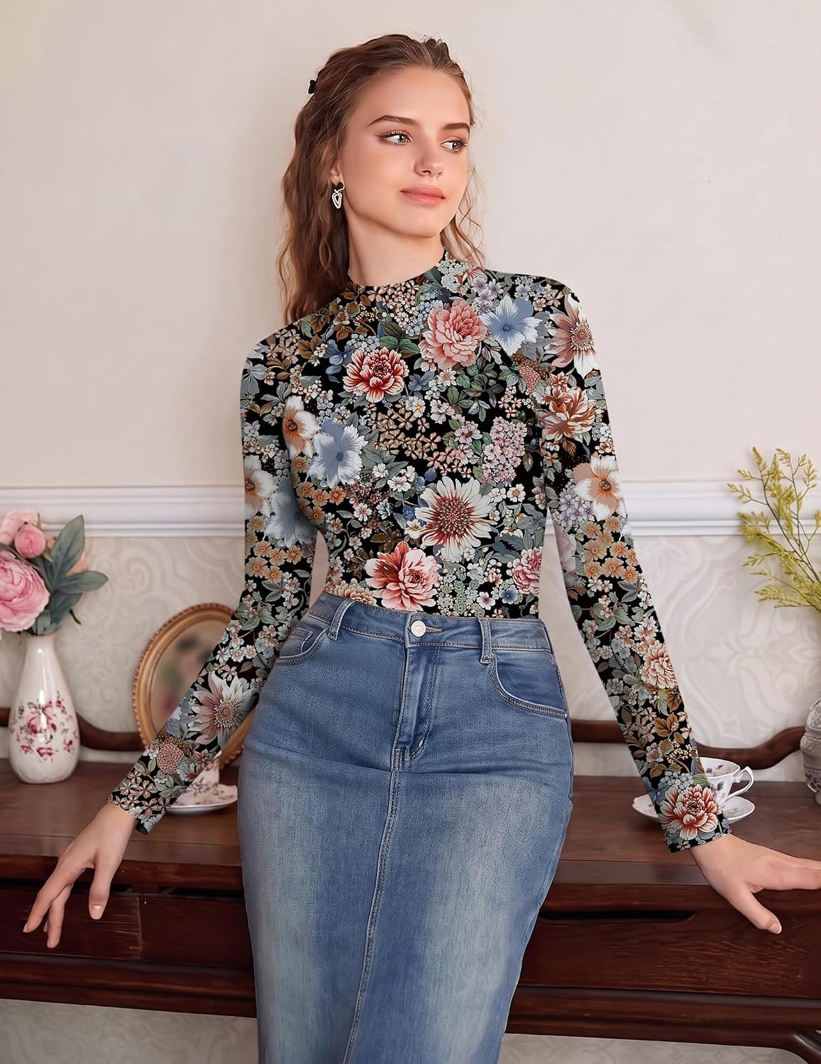 image:imageEkouaer Lace Long Sleeve Tops for Women Mock Turtleneck Mesh Shirts Sexy See Through Mesh Undershirts Fashion Going Out TeesFlroal Printed