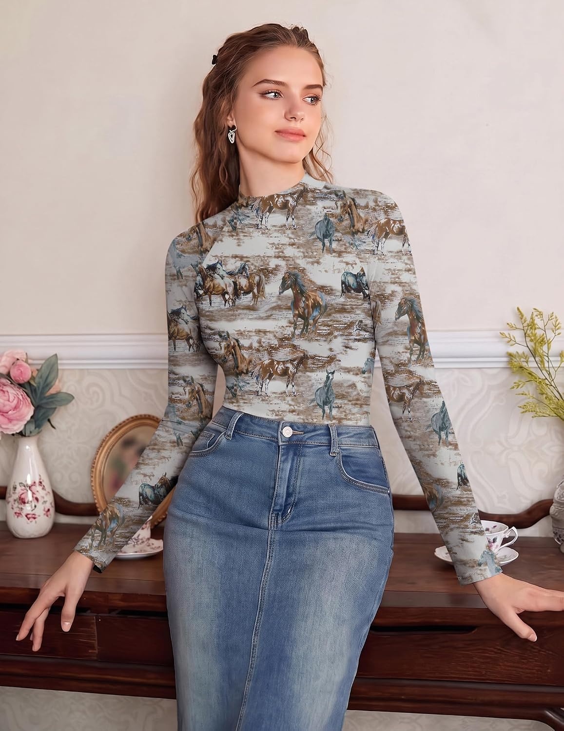 image:imageEkouaer Lace Long Sleeve Tops for Women Mock Turtleneck Mesh Shirts Sexy See Through Mesh Undershirts Fashion Going Out TeesWhite Printed