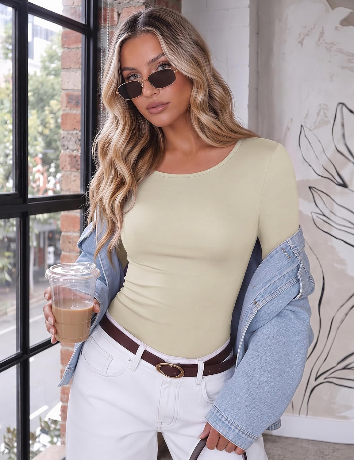 image:imageEkouaer Long Sleeve Shirts for Women Scoop Neck Tight Slim Basic Fitted TopBeige