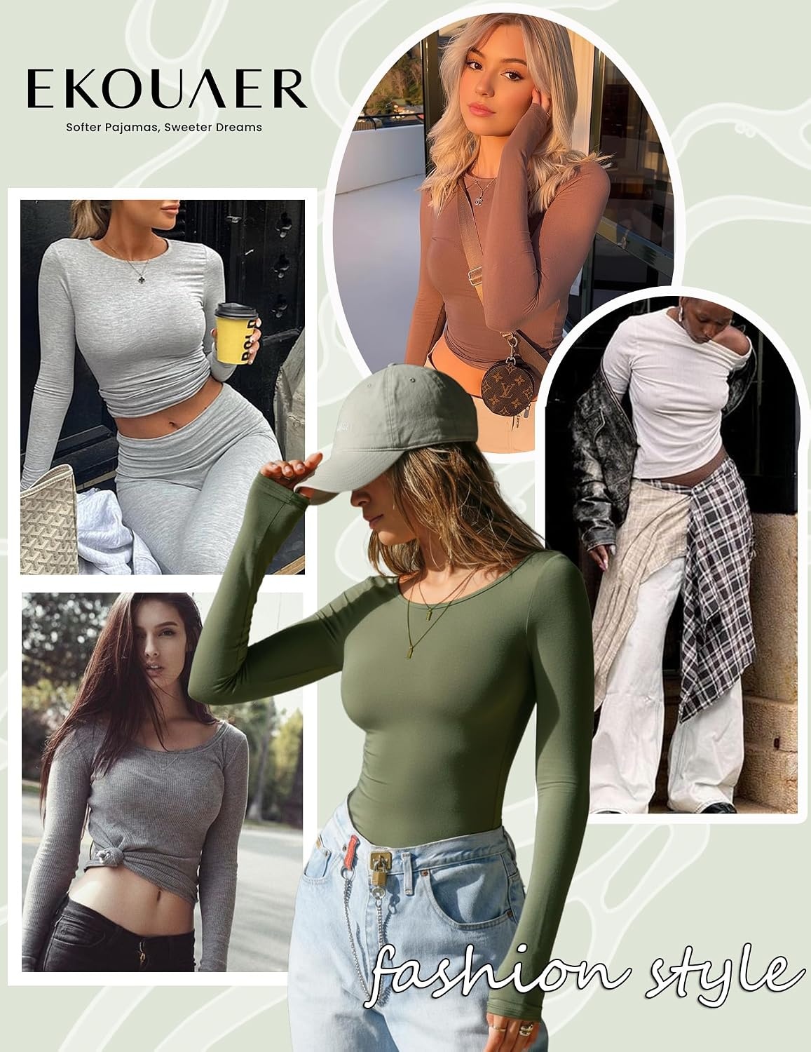 image:imageEkouaer Long Sleeve Shirts for Women Scoop Neck Tight Slim Basic Fitted TopBeige