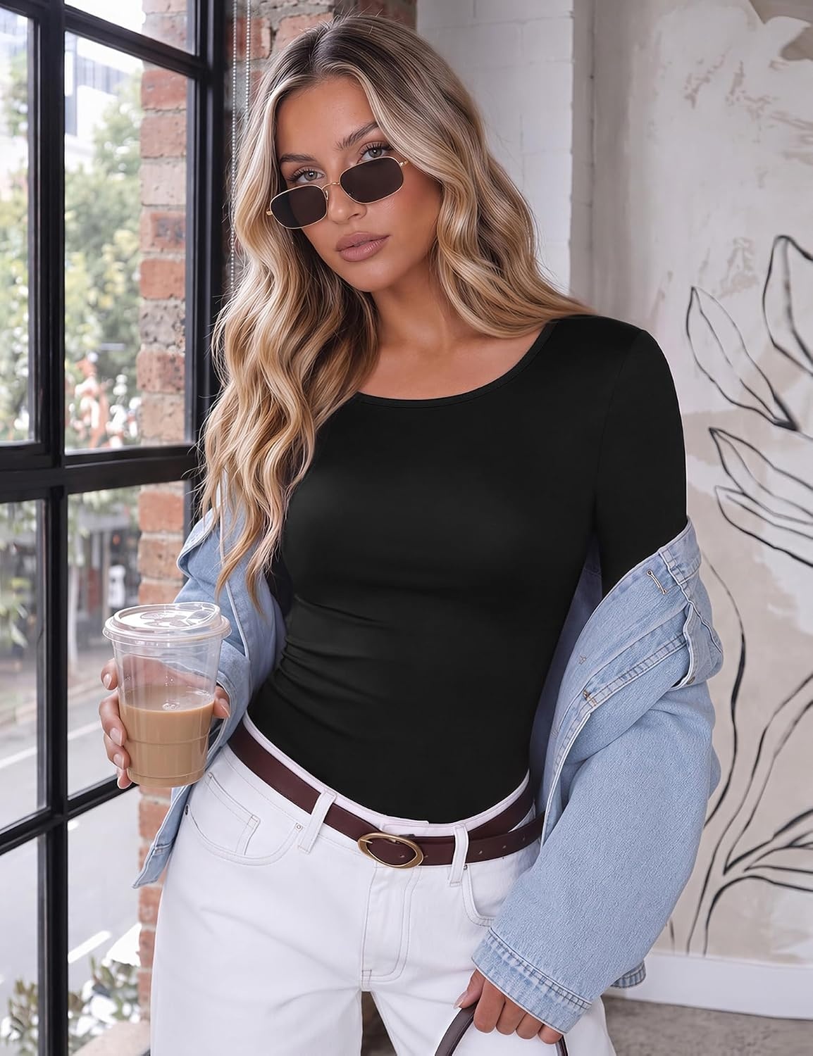 image:imageEkouaer Long Sleeve Shirts for Women Scoop Neck Tight Slim Basic Fitted TopBlack
