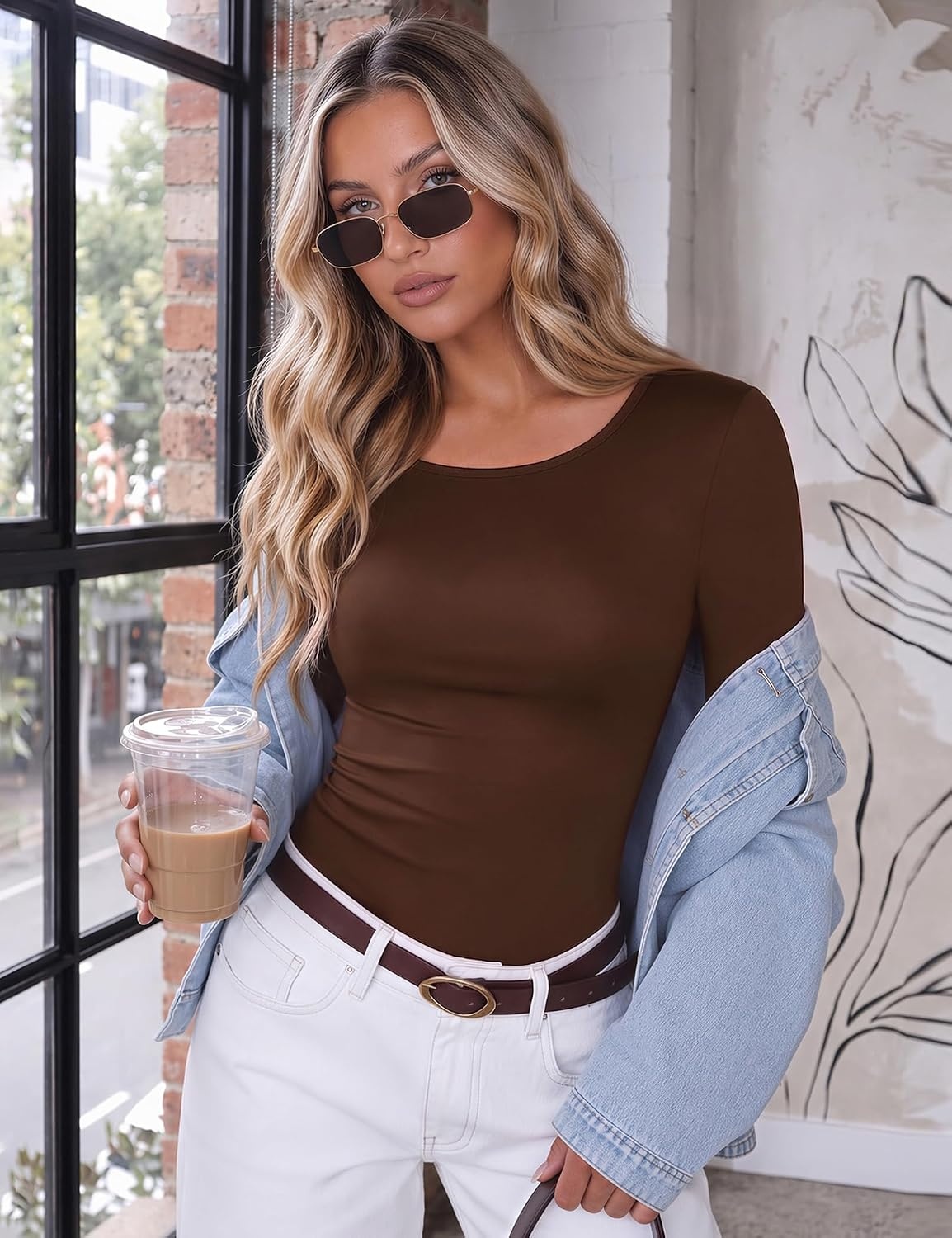 image:imageEkouaer Long Sleeve Shirts for Women Scoop Neck Tight Slim Basic Fitted TopBrown
