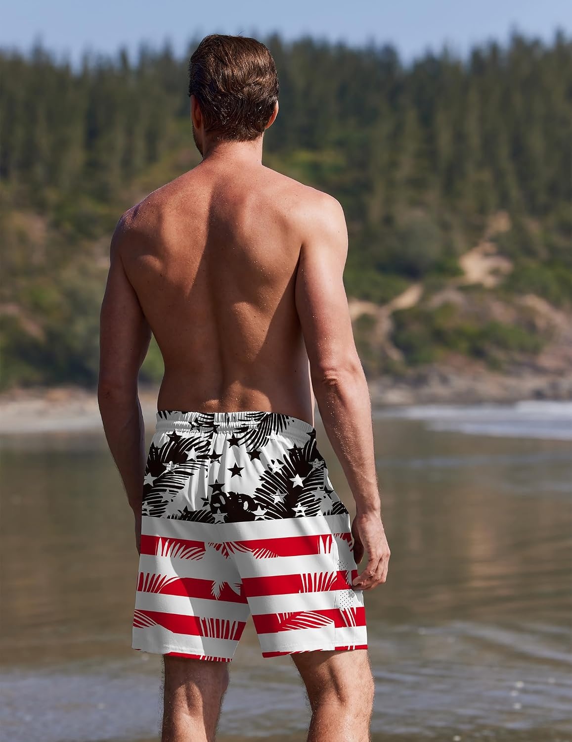 image:imageEkouaer Mens Swim Trunks 7 Inch Quick Dry Breathable Board Shorts Beach Bathing Suit Lightweight Swimsuit SwimwearAmerican Flagleaf Black Red