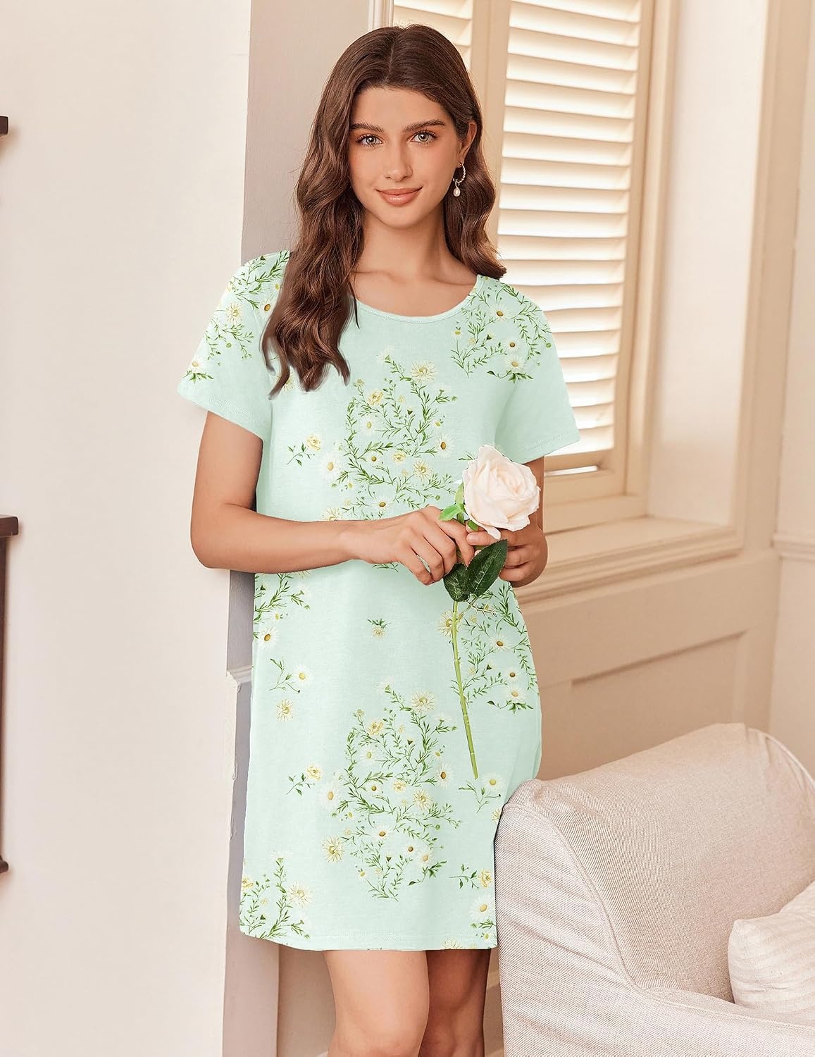 image:imageEkouaer Nightgowns for Women Cotton Sleepshirts Short Sleeve Nightshirt Tshirt Night Gown Casual Sleepdress Comfy NightdressLight Green Floral
