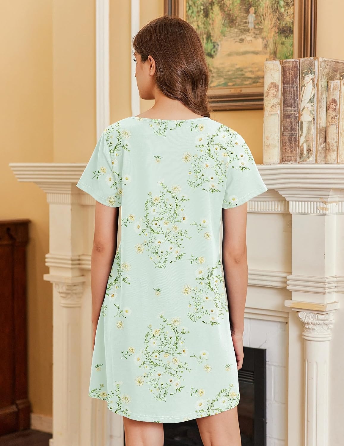 image:imageEkouaer Nightgowns for Women Cotton Sleepshirts Short Sleeve Nightshirt Tshirt Night Gown Casual Sleepdress Comfy NightdressLight Green Floral