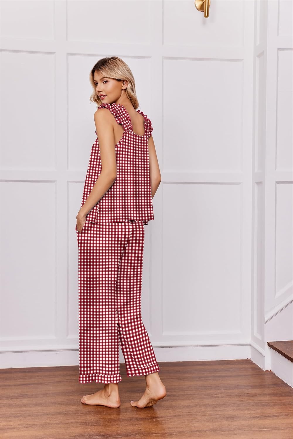 image:imageEkouaer Pajamas for Women Set 2 Piece Ruffle Pjs Soft Sleeveless Tank Top and Pants Sleepwear Bridal Casual LoungewearRed Plaid