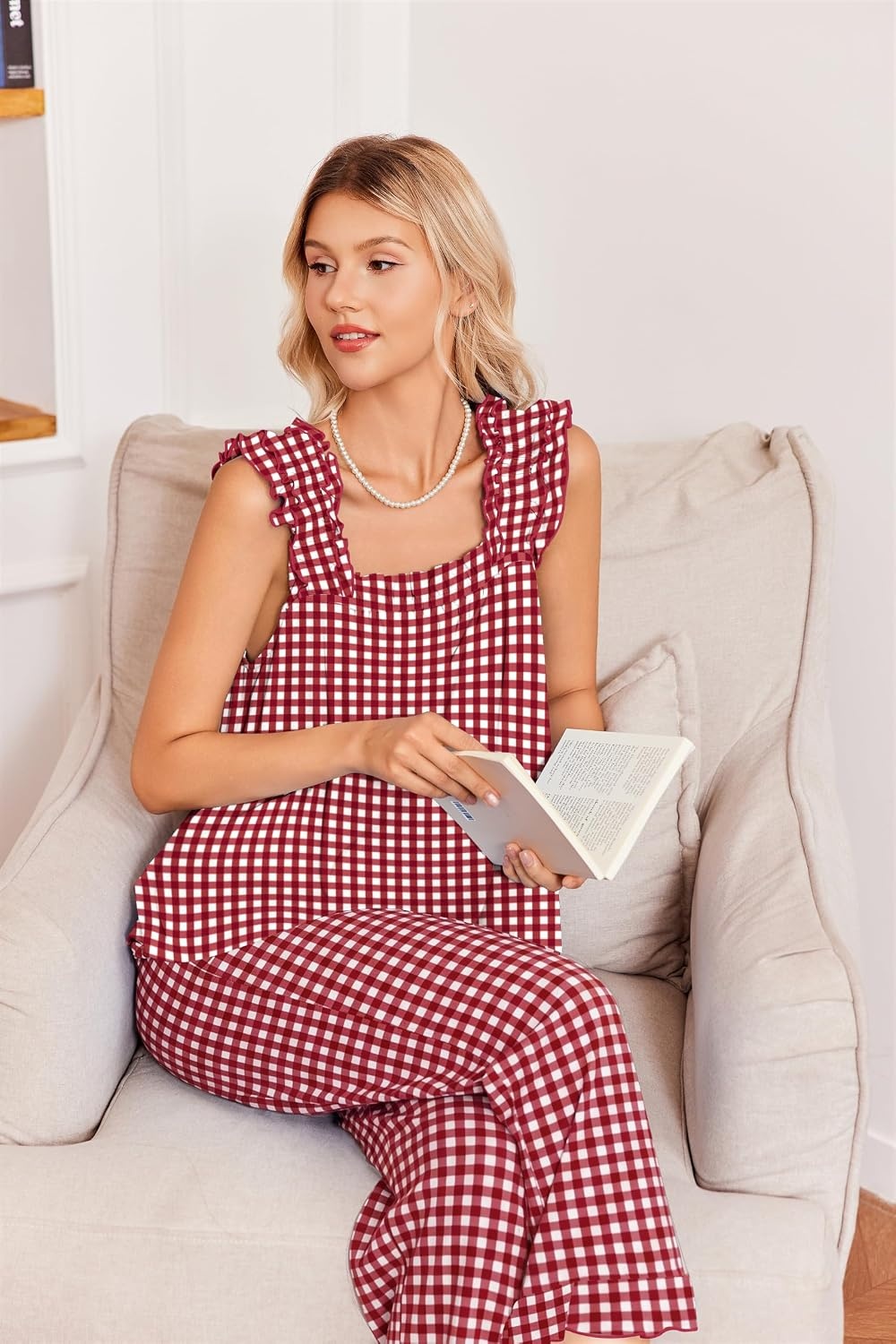 image:imageEkouaer Pajamas for Women Set 2 Piece Ruffle Pjs Soft Sleeveless Tank Top and Pants Sleepwear Bridal Casual LoungewearRed Plaid