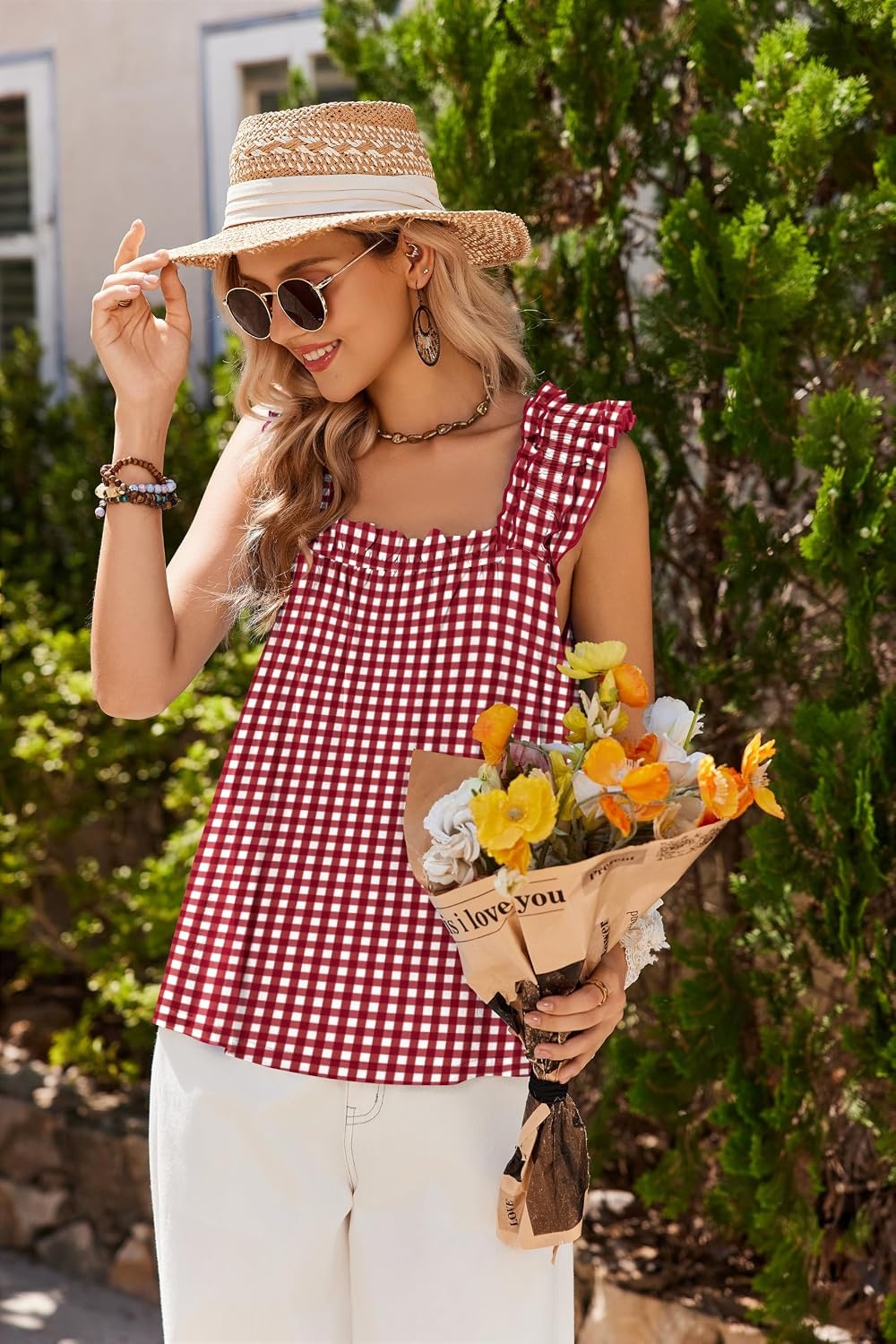 image:imageEkouaer Pajamas for Women Set 2 Piece Ruffle Pjs Soft Sleeveless Tank Top and Pants Sleepwear Bridal Casual LoungewearRed Plaid