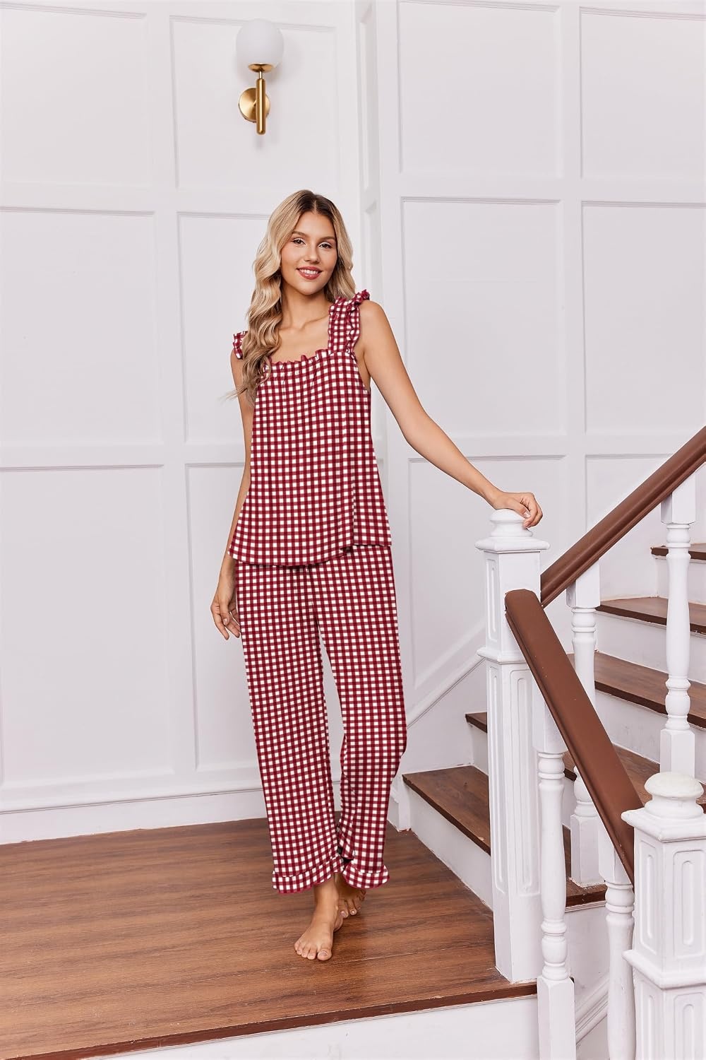 image:imageEkouaer Pajamas for Women Set 2 Piece Ruffle Pjs Soft Sleeveless Tank Top and Pants Sleepwear Bridal Casual LoungewearRed Plaid