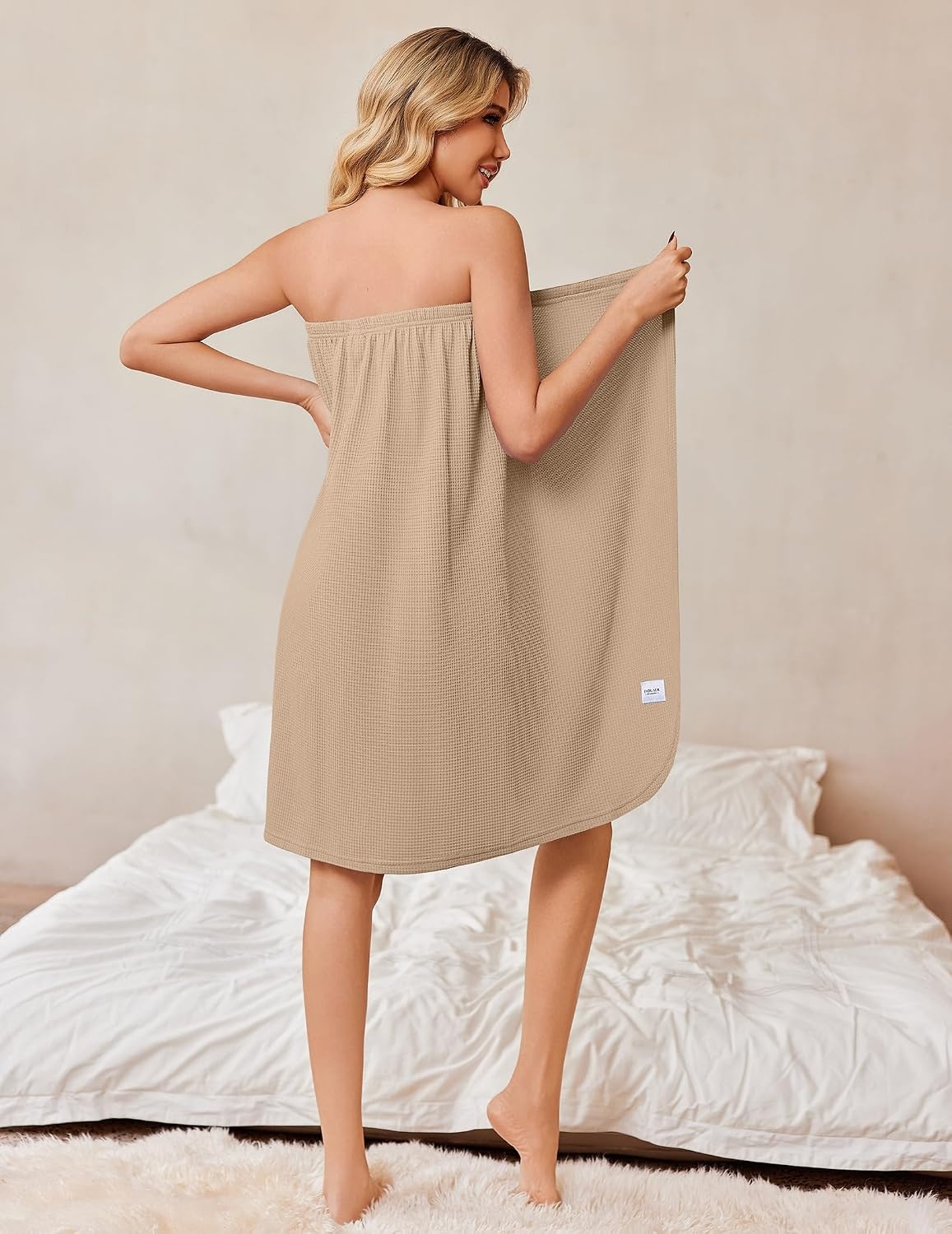 image:imageEkouaer Waffle Robes For Women Bath Wrap Lightweight Shower Wrap 2026 Knee Length Spa Robe with Adjustable Closure SXLKhaki